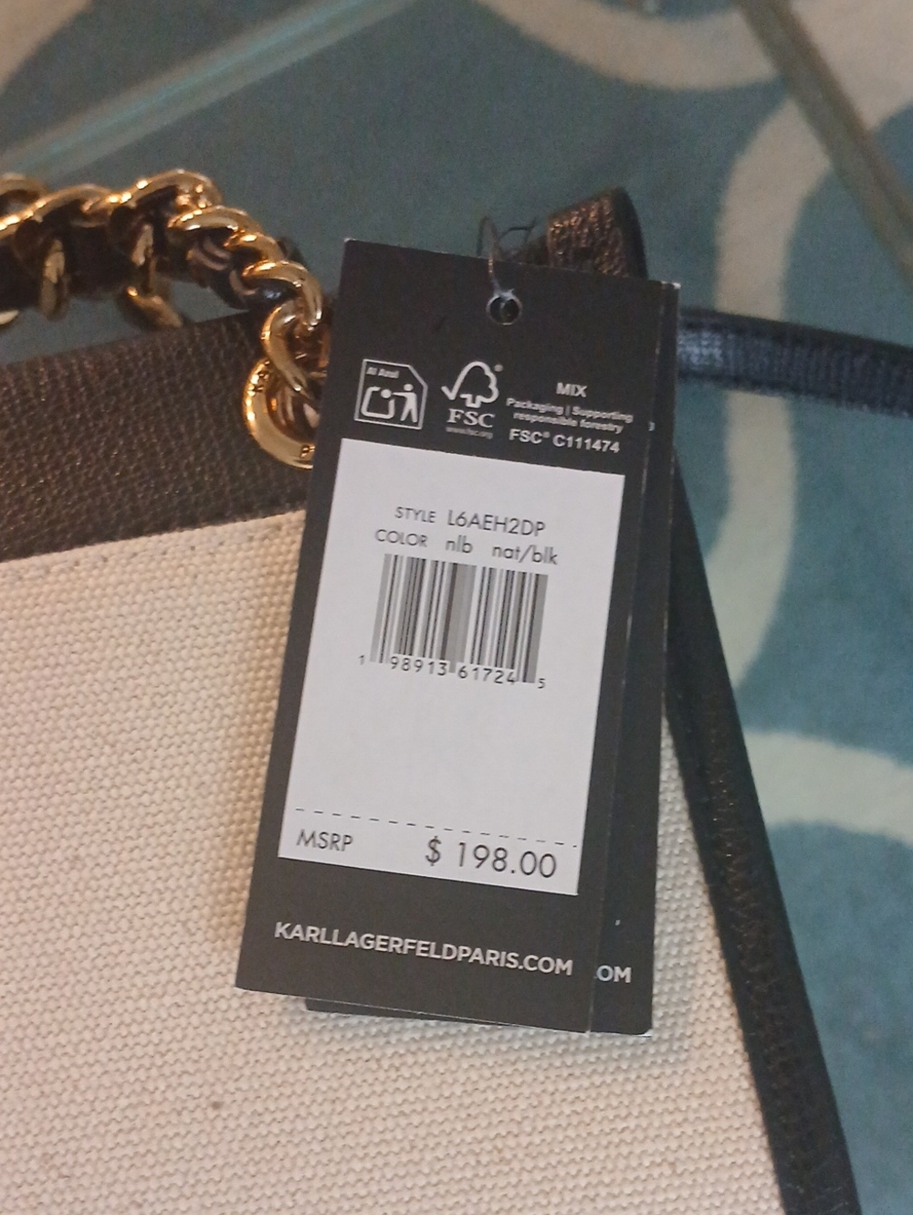 Karl Lagerfeld Black & Cream Canvas Satchel with Gold Chain Handles - Picture 5 of 6